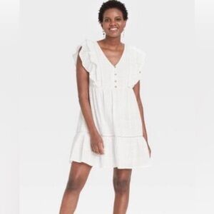 Knox Rose Women’s White Peasant Boho Shift Dress Flutter Sleeve Size: Small